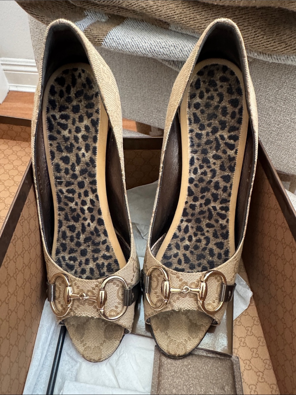 Gucci Beige Peep-Toe Heels with Gold Horsebit Trim